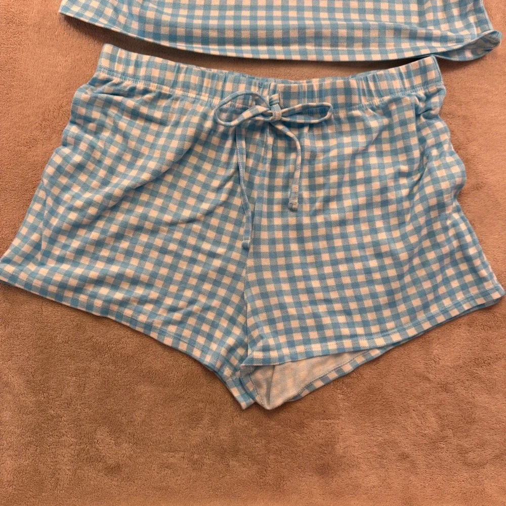 KIKIT Gingham Pajama Set Blue White Henley Tank Shorts Loungewear Sz XL